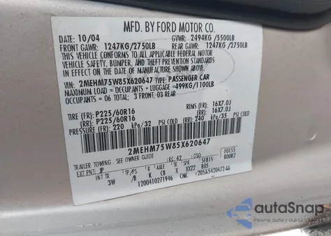 2005 Mercury Grand Marquis Ls/Lse z USA, uszkodzony, nr VIN 2MEHM75W85X620647